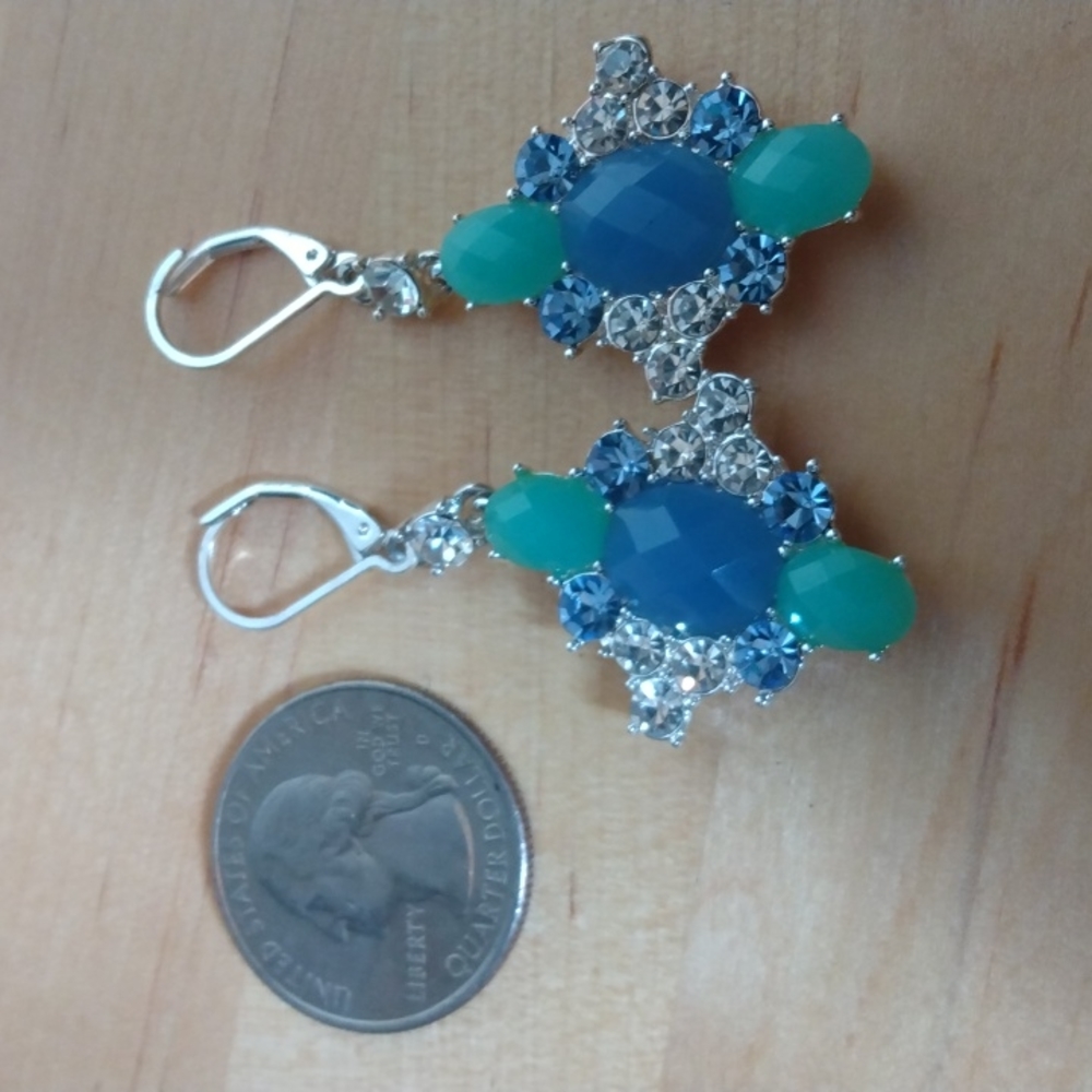 Blue Aqua Rhinestone Fashion Earrings Silver Tone - Picture 7 of 7
